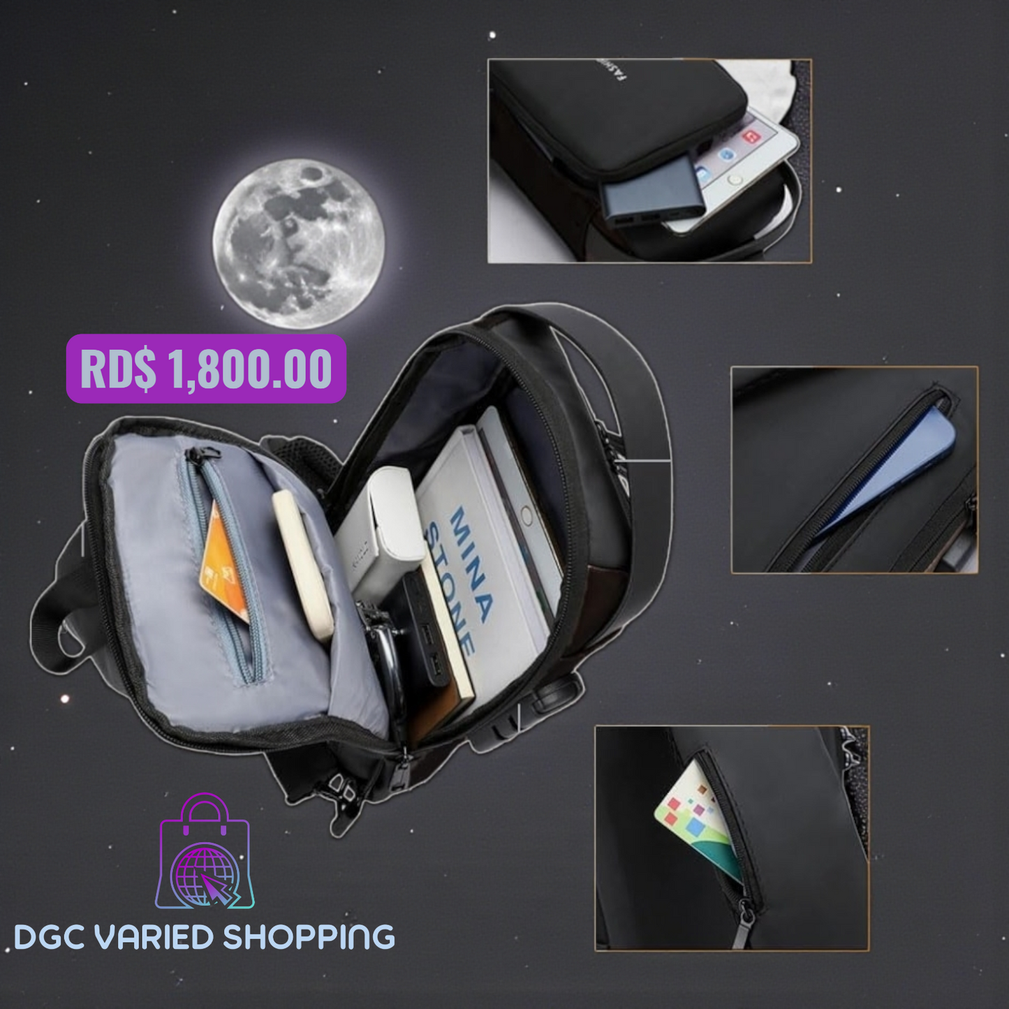 BOLSO IMPERMEABLE PARA HOMBRES, MOCHILA PARA HOMBROS, COLOR NEGRO, ANTIRROBO.