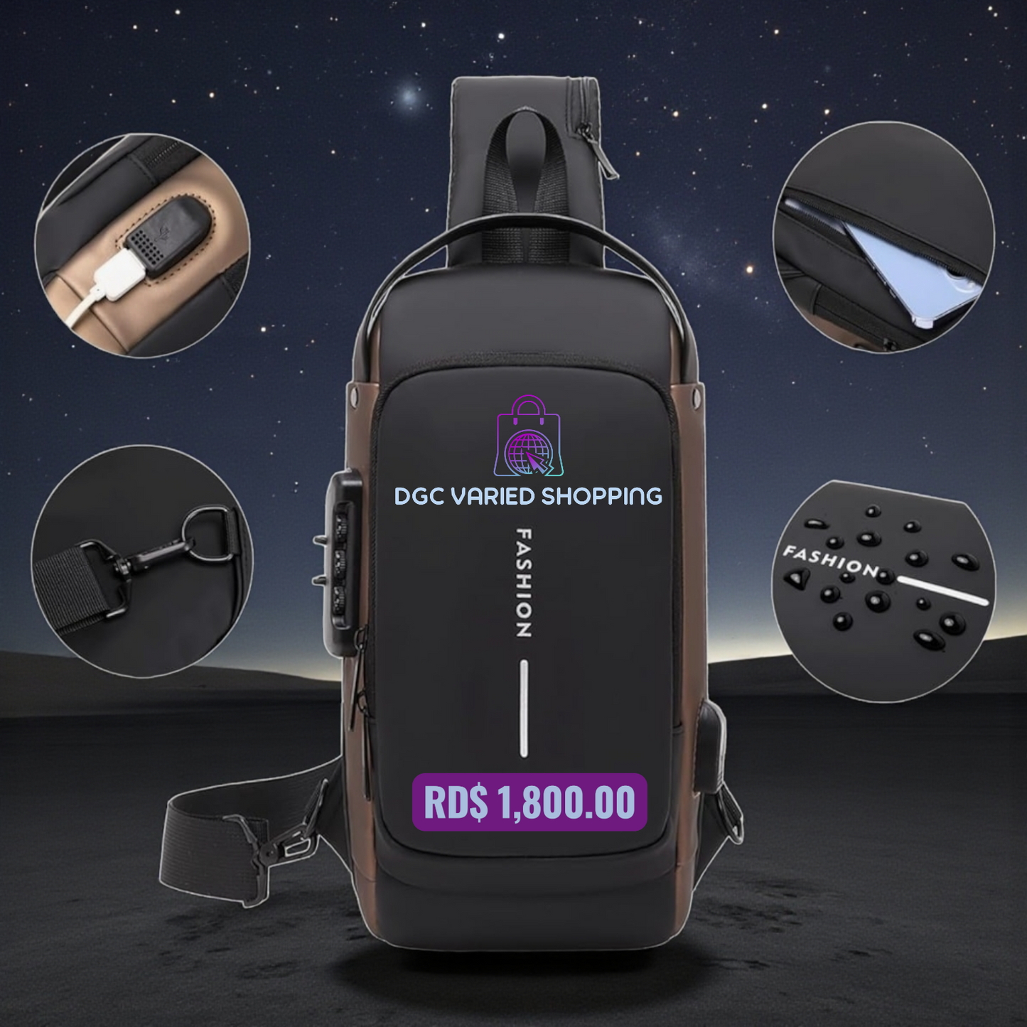 BOLSO IMPERMEABLE PARA HOMBRES, MOCHILA PARA HOMBROS, COLOR NEGRO, ANTIRROBO.