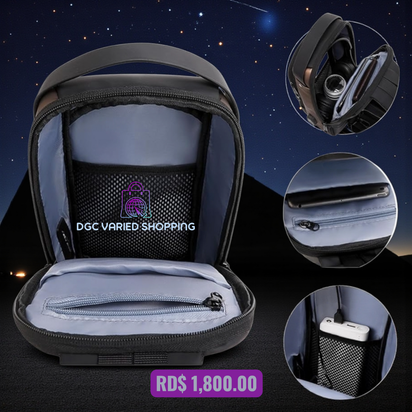 BOLSO IMPERMEABLE PARA HOMBRES, MOCHILA PARA HOMBROS, COLOR NEGRO, ANTIRROBO.