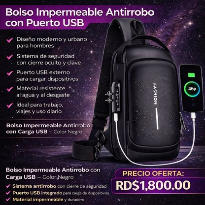 BOLSO IMPERMEABLE PARA HOMBRES, MOCHILA PARA HOMBROS, COLOR NEGRO, ANTIRROBO.